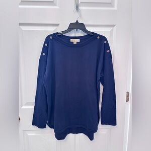 Michael Kors Navy Sweater with signature buttons on both shoulders.
